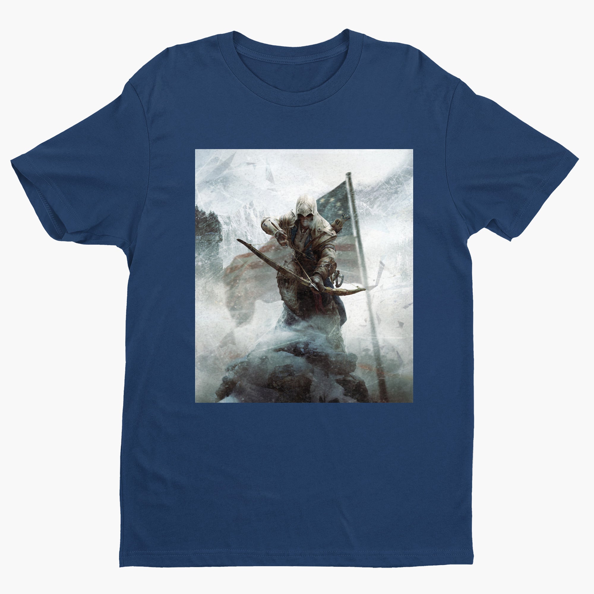 Assassin's Creed III key art tee - navy unisex t-shirt, front view